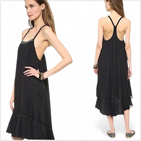 Free People Black Embroidered Gauze High Low Racerback Boho Summer Dress S - Picture 1 of 8